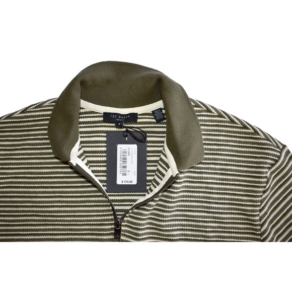 B5 NWT TED BAKER Khaki Striped Textured Knit Cotton LS Polo Shirt Sz 2 $175 - Picture 4 of 7